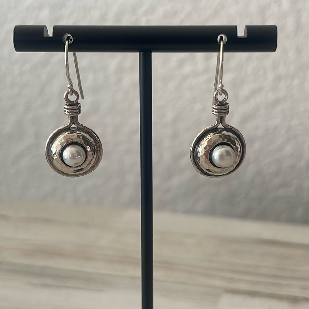 Or Paz Sterling Silver Hammered Pearl Drop Dangle Earrings